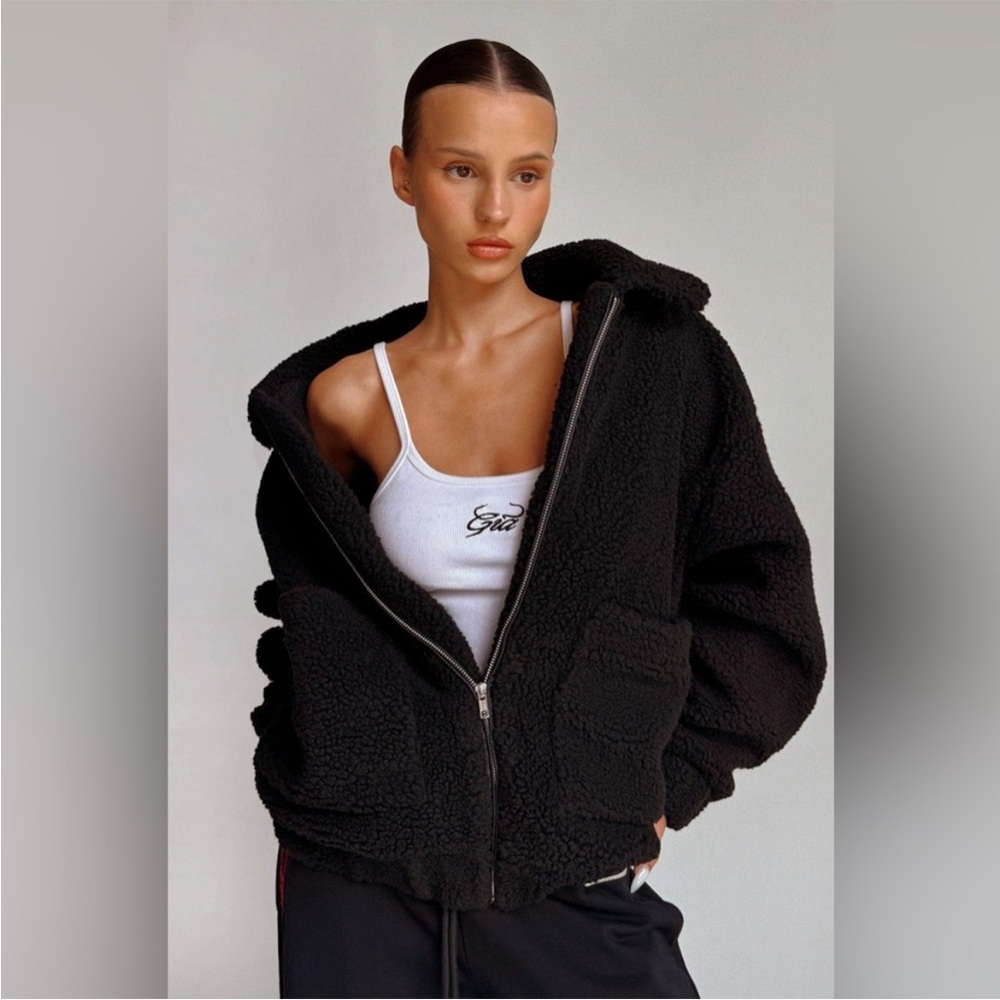 I AM GIA Pixie Sherpa Coat Size XSmall Black Oversized Relaxed Zip Up